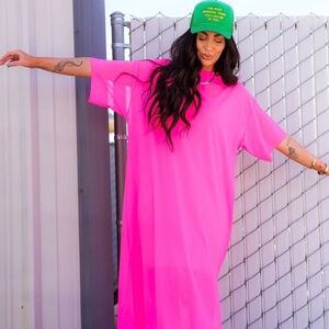 Karma Oversized Mesh Dress + Slip in Electric Pink